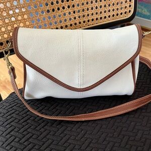 Leather White Crossbody Bag with Brown Trim
